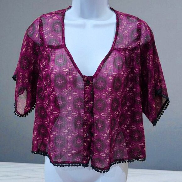 Band of Gypsies ✦ Sheer Boho Kimono Top ✦ Purple Crochet Trim Blouse XS EUC - Picture 7 of 11